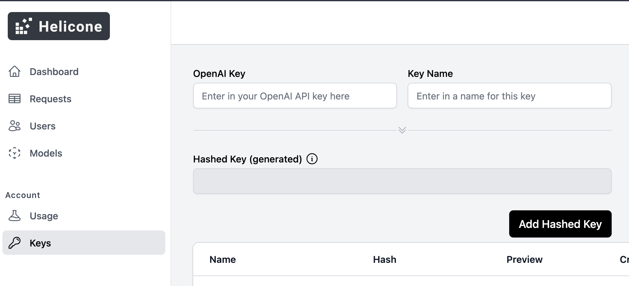 Helicone API Key Input Interface for entering and managing OpenAI API keys in the Helicone dashboard.